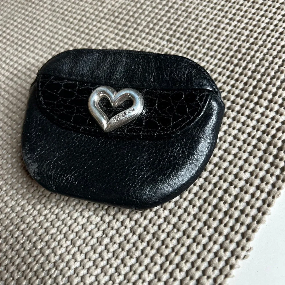 Brighton Black Pebbled Leather Heart Coin Purse Croc Trim Mini Pouch